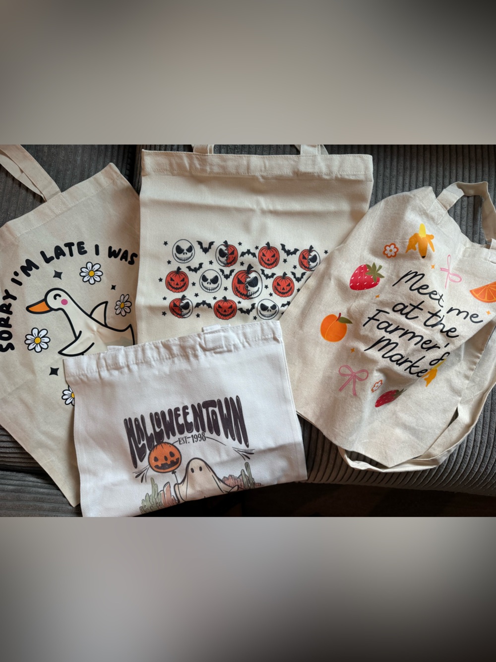 Canvas Tote Bag Bundle with Cute Prints - Pumpkin, Duck, Fruit Designs